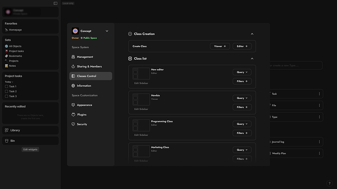 Space interface Classes Control